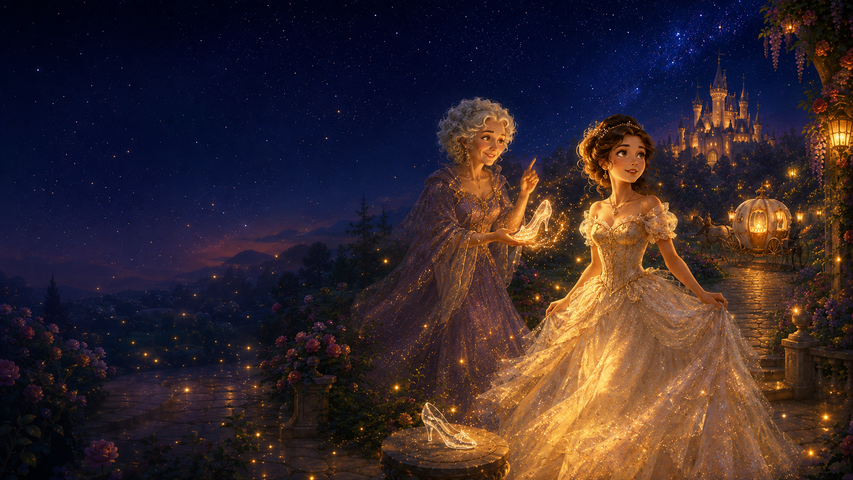 Cinderella en haar goede fee in een betoverde nacht